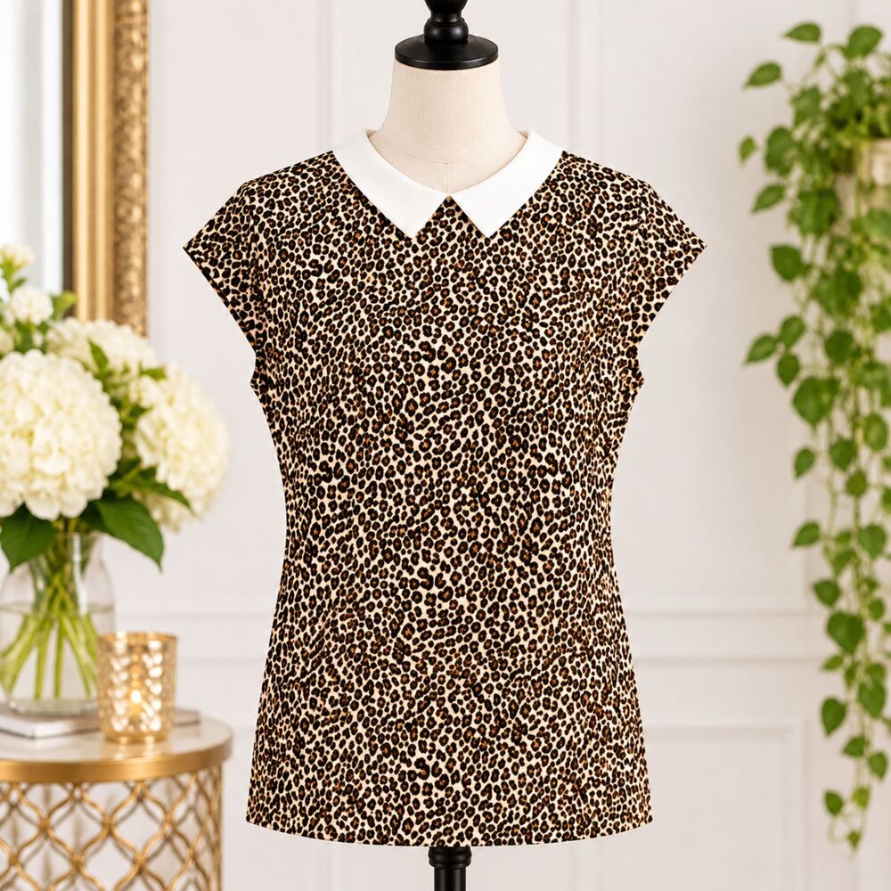 Trafaluc Zara Leopard Print Top Large 40" Bust White Collar Button Back